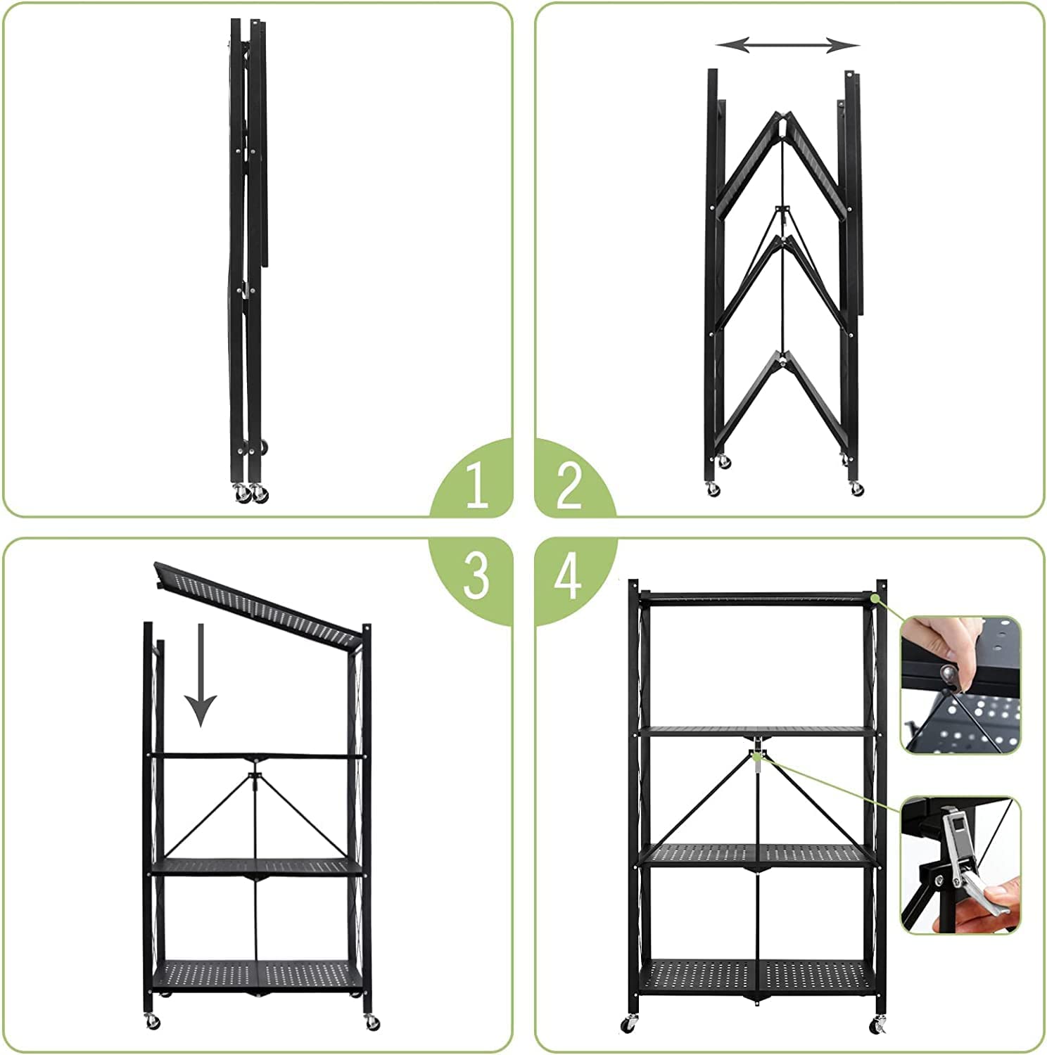 4 Layer Foldable Trolley Rack. Kitchen Storage Rack with Wheels
