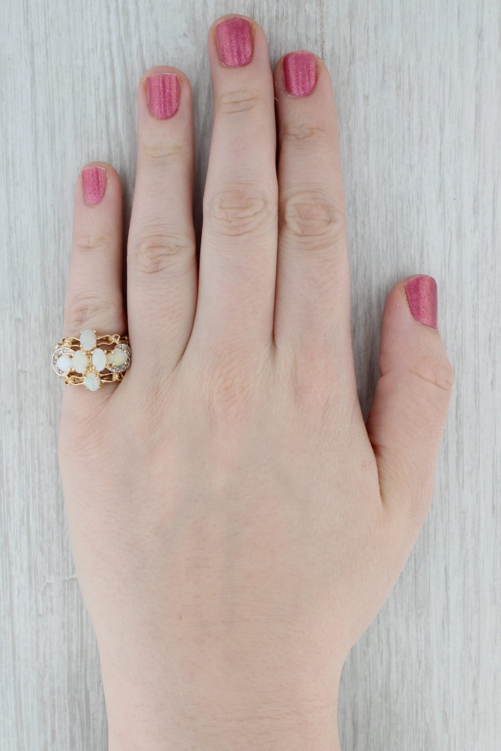 Opal Cluster Diamond Ring 14k Yellow Gold Size 5.5 Cocktail