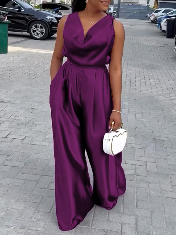 Loose Sleeveless Solid Color Deep V-Neck Jumpsuits