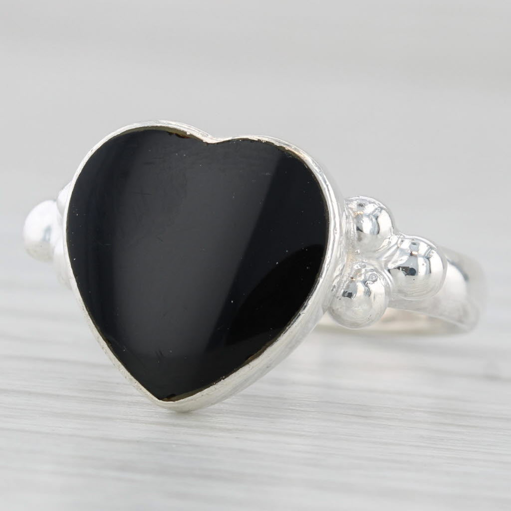Onyx Heart Ring Sterling Silver Size 6.5 Statement