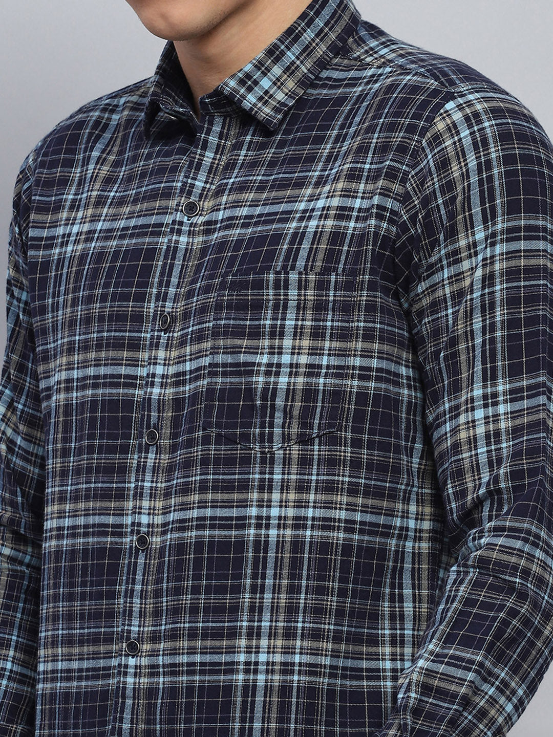 Men Navy Blue Check Collar Full Sleeve Shirt