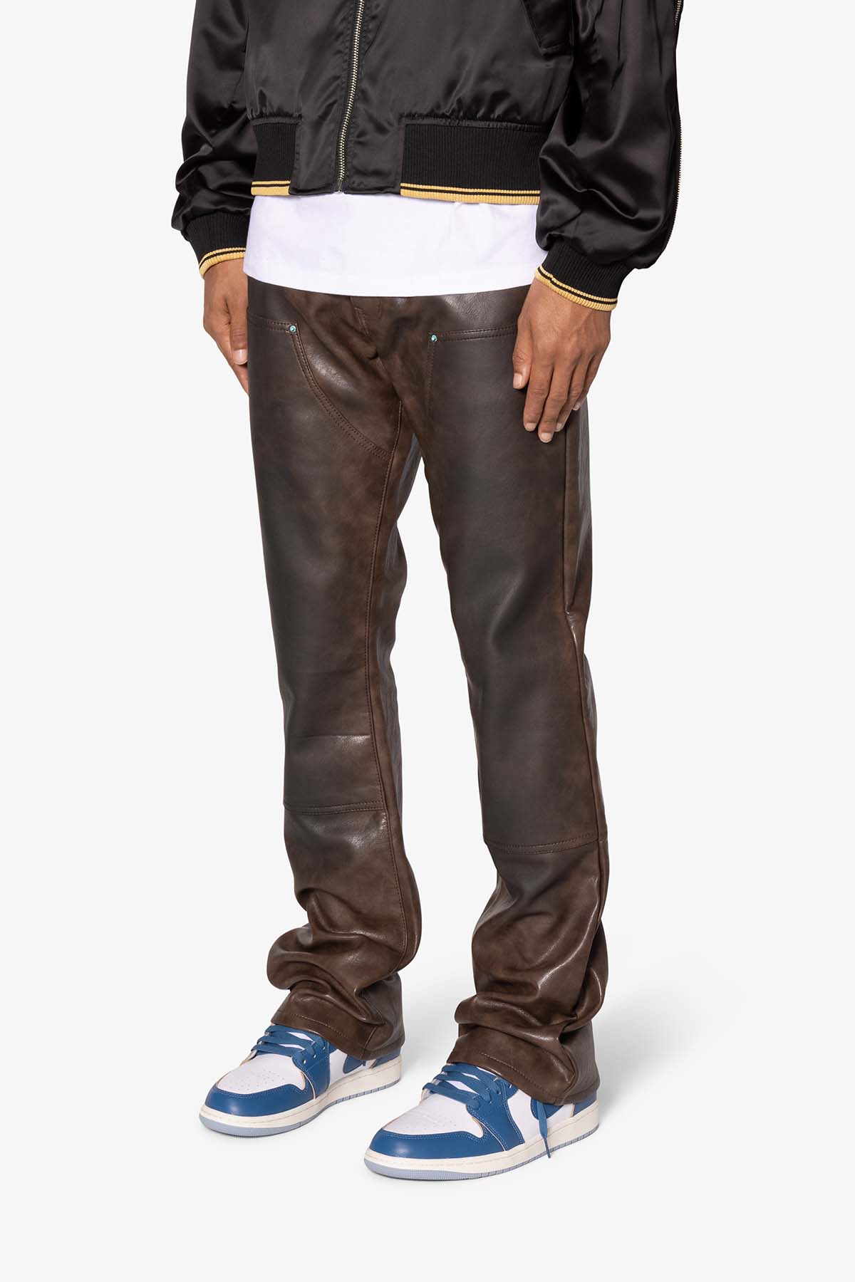 B702 Double Knee Leather Pants - Brown