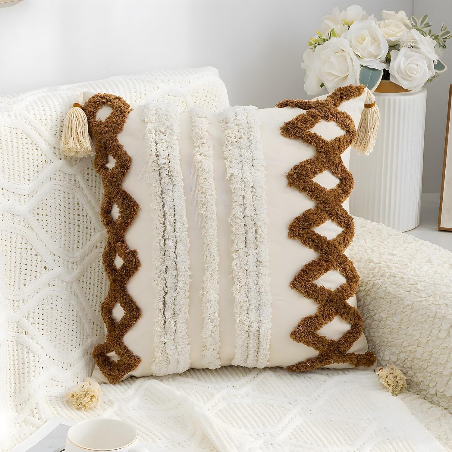 Decorative Boho Cushion Cover. Boho Cushion Beige Decorative Cotton Decorative Cushion Morocco Tufted Cushion Cover