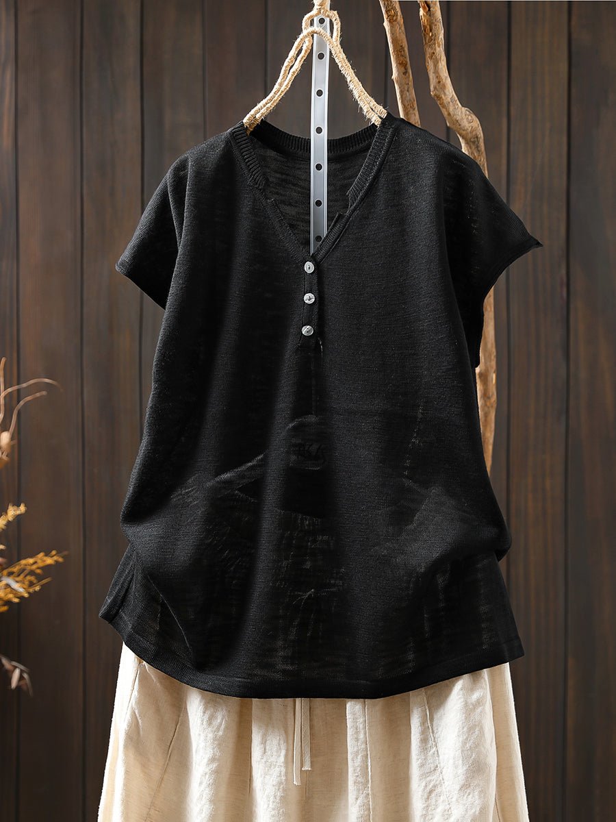 Women Summer Casual Pure Color Knitted V-Neck Shirt