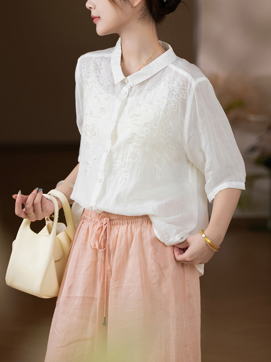 Women Summer Artsy Embroidery 100%Ramie Shirt