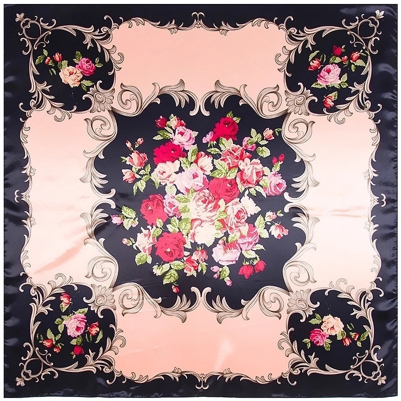 Silk Chain Carriage Oil Painting Flowers Ladies 90cm Square Scarf
