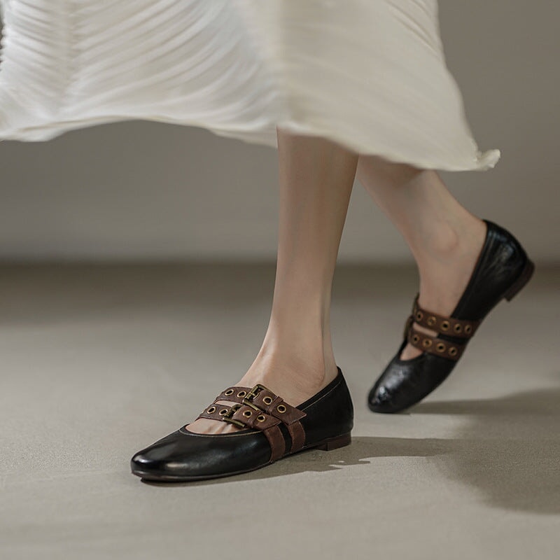 Elegant Handmade Washed Horse Leather Mary Jane Flats with Double Belts for Women