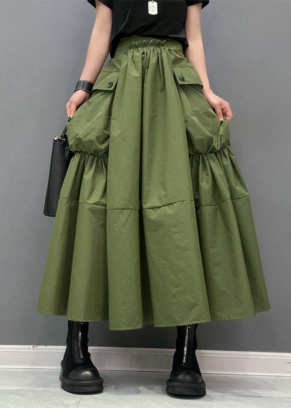 Women Green Pockets Patchwork Elastic Waist Maxi Skirts Summer