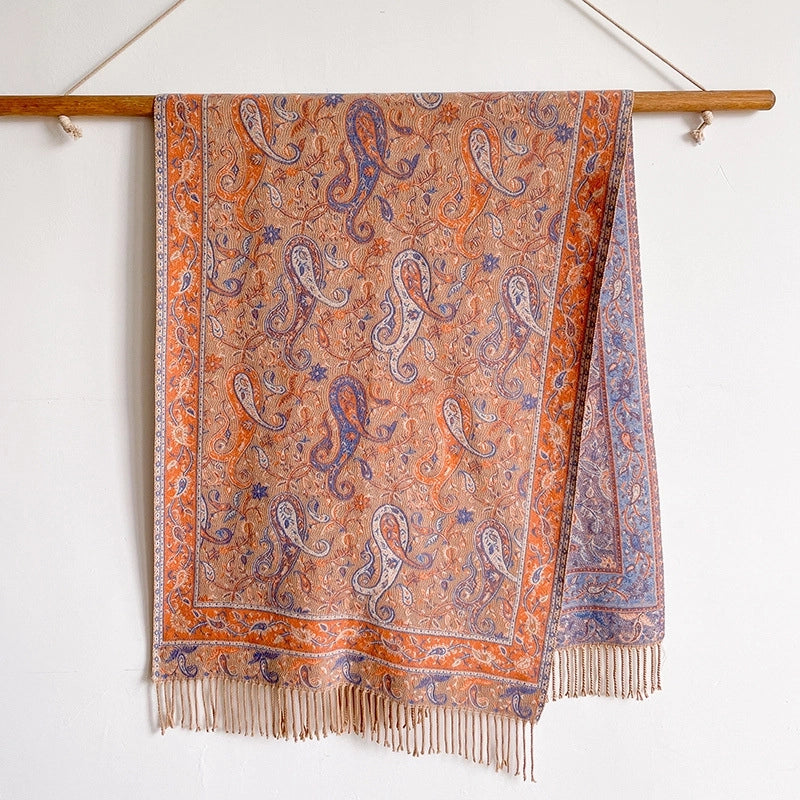New Ethnic Style Vintage Tassel Shawl Autumn And Winter External Dual-Use Scarf Women's Travel Vacation Photo Cape