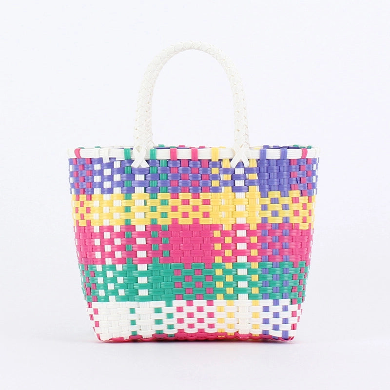 Women's Large Plastic Color Block Beach Classic Style Open Straw Bag