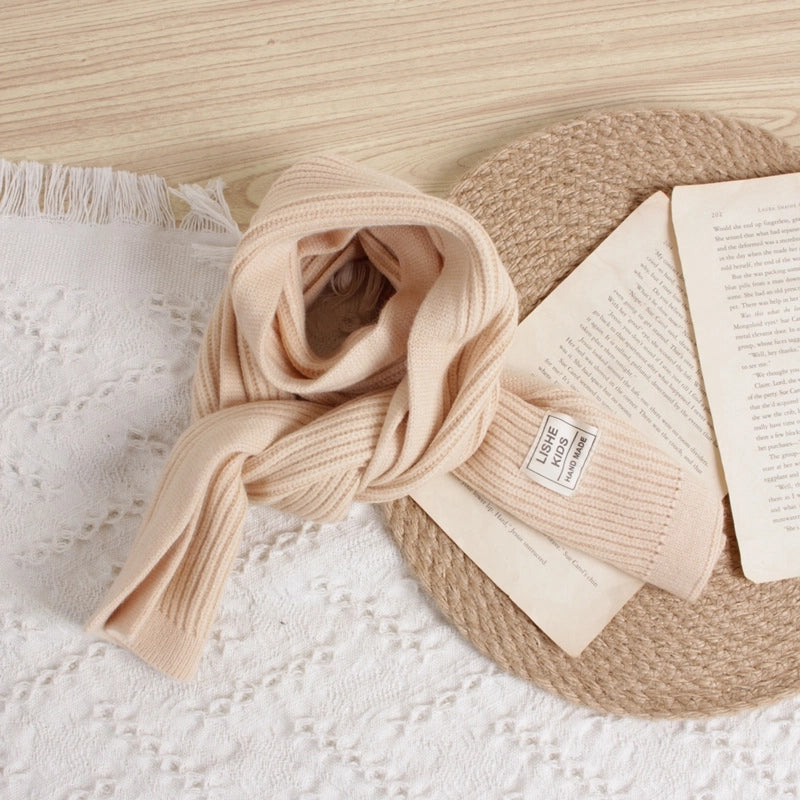 Style Solid Color Vertical Strip Large Label Children's Knitted Scarf Winter New Baby Warm Wool Scarf