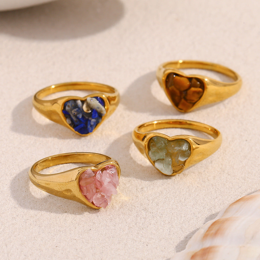 Retro Niche Hand Jewelry Stainless Steel Plated 18K Gold White Jade Gravel Adhesion Love Ring