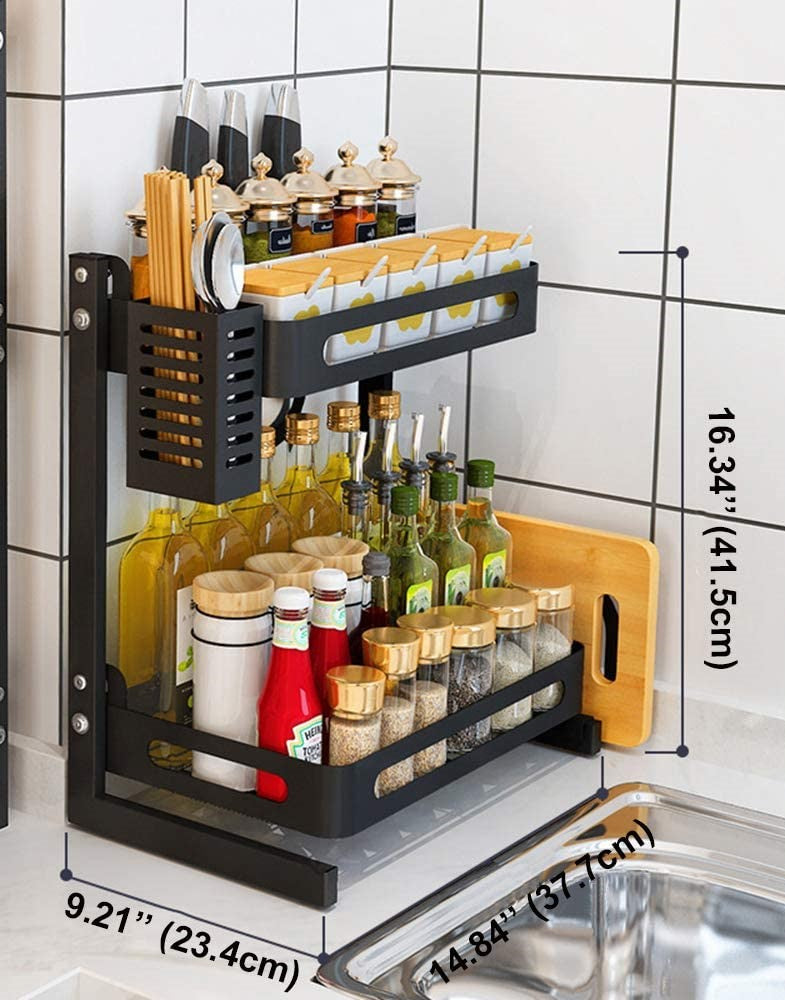 2 Tier Metal Kitchen Spice Rack Countertop Storage Organizer Shelf Detachable for Easy Cleaning Black