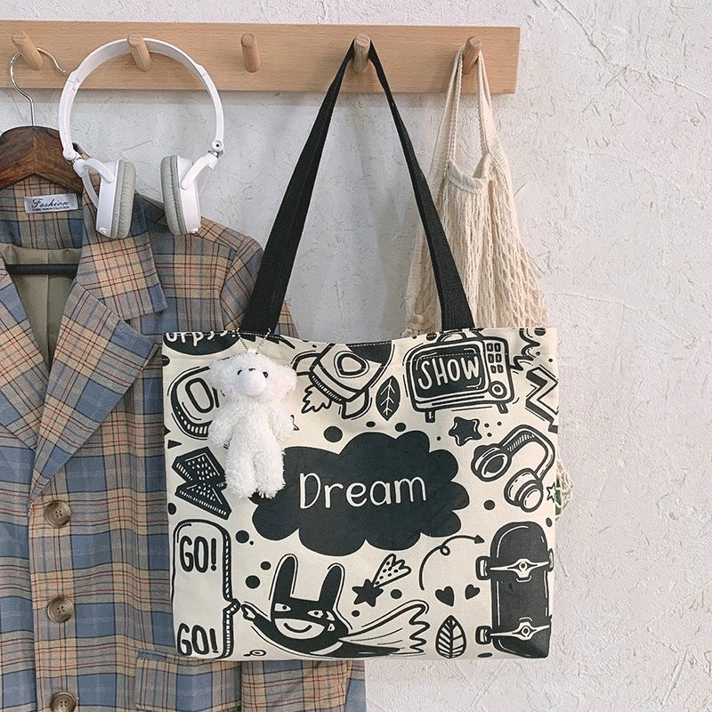 Women's Large Canvas Animal Cartoon Cute Zipper Tote Bag