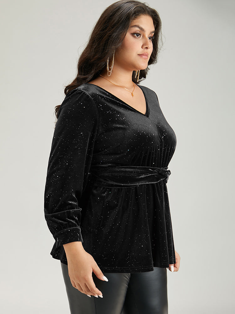Glitter Sequin Velvet Twist Front V Neck Blouse