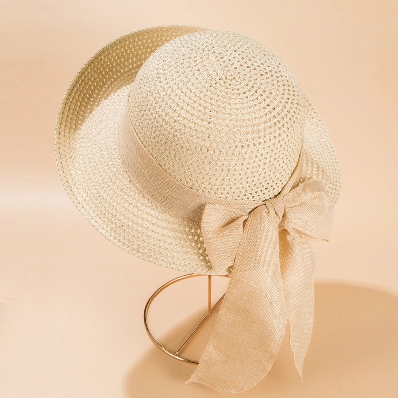 2022 New Fashion Bow Ribbon Straw Sun Protection Beach Hat For Women