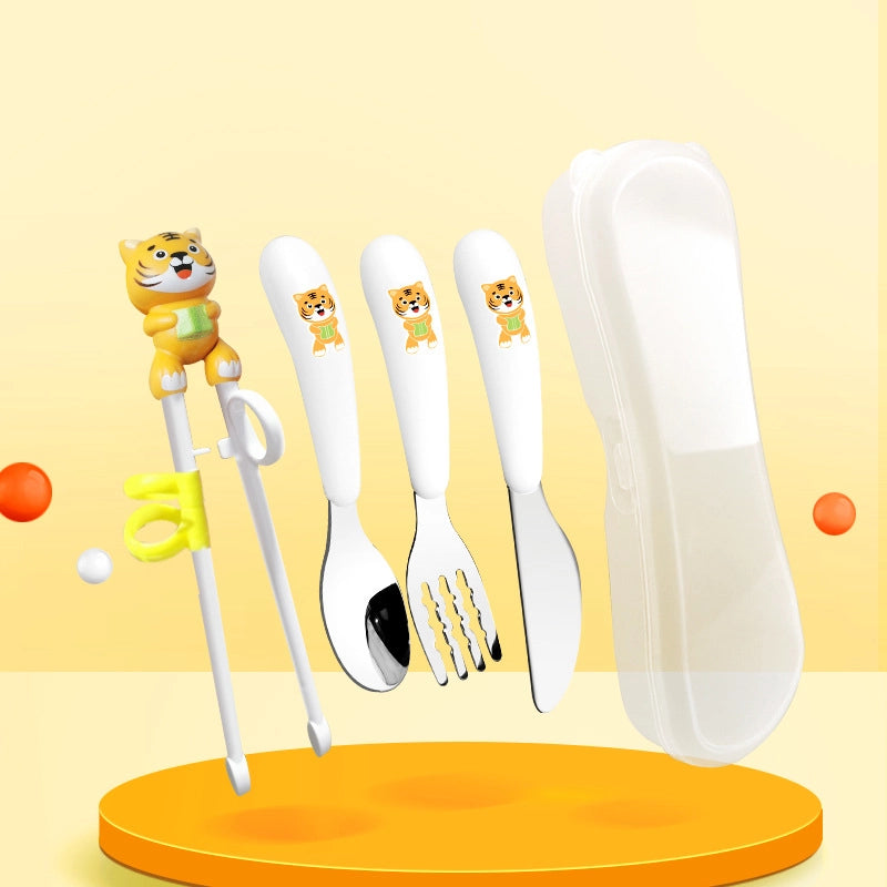 Portable Feeding Children's Tableware Set Cartoon Learning Chopsticks Training Chopsticks 304 Stainless Steel Spoon Fork