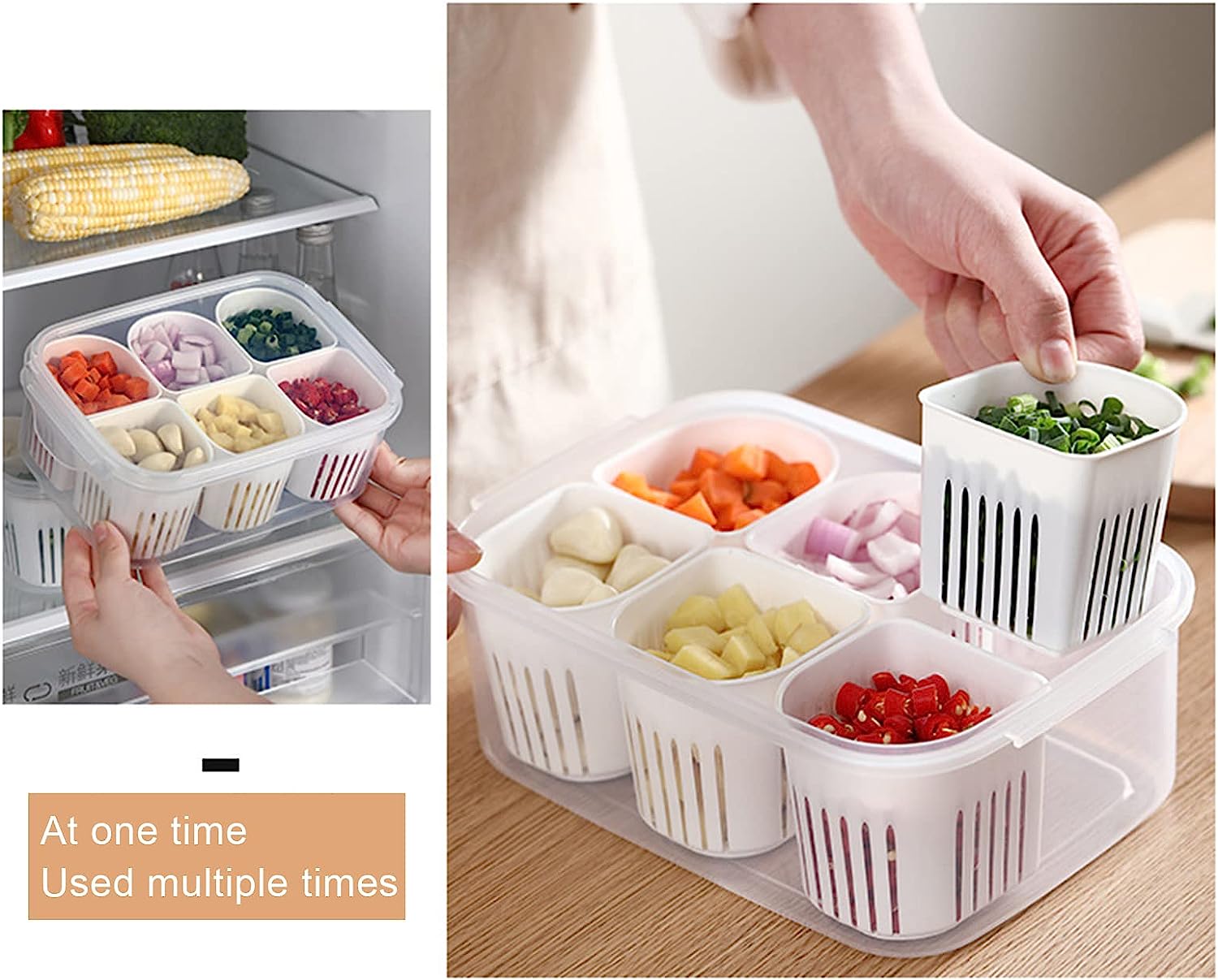 Fridge Food Storage Container With Lid. Airtight Refrigerator Food Box With 6 Pcs Detachable Drain Basket