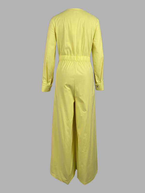 High Waisted Long Sleeves Buttoned Pockets Solid Color V-Neck Jumpsuits