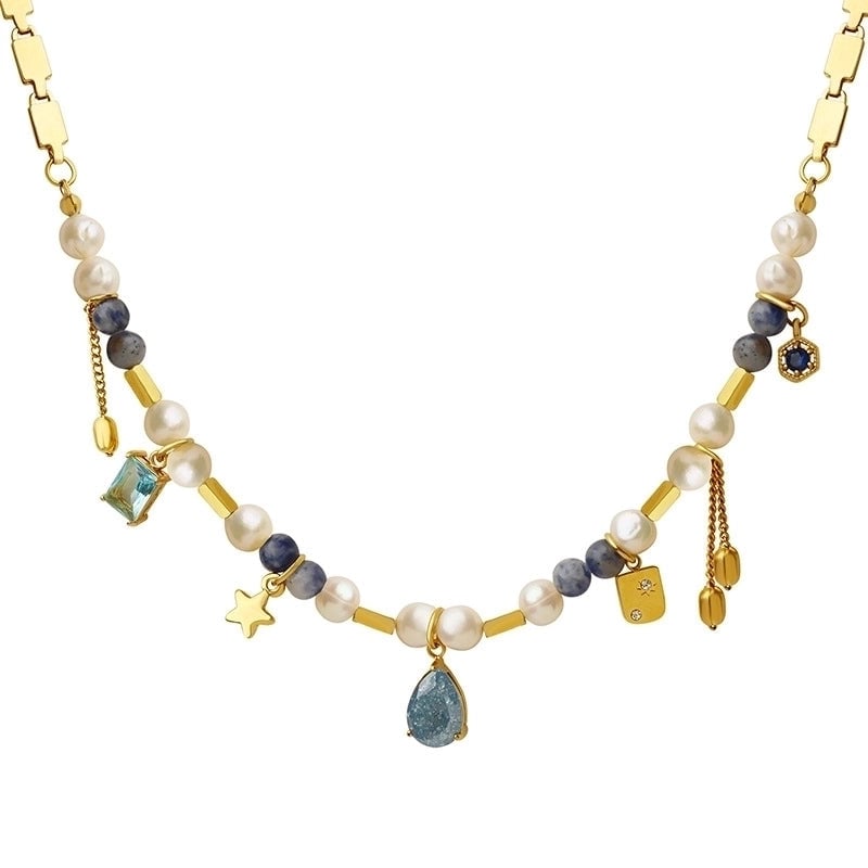 Retro Square Water Droplets Natural Stone Pearl Titanium Steel Inlay Glass Stone Necklace