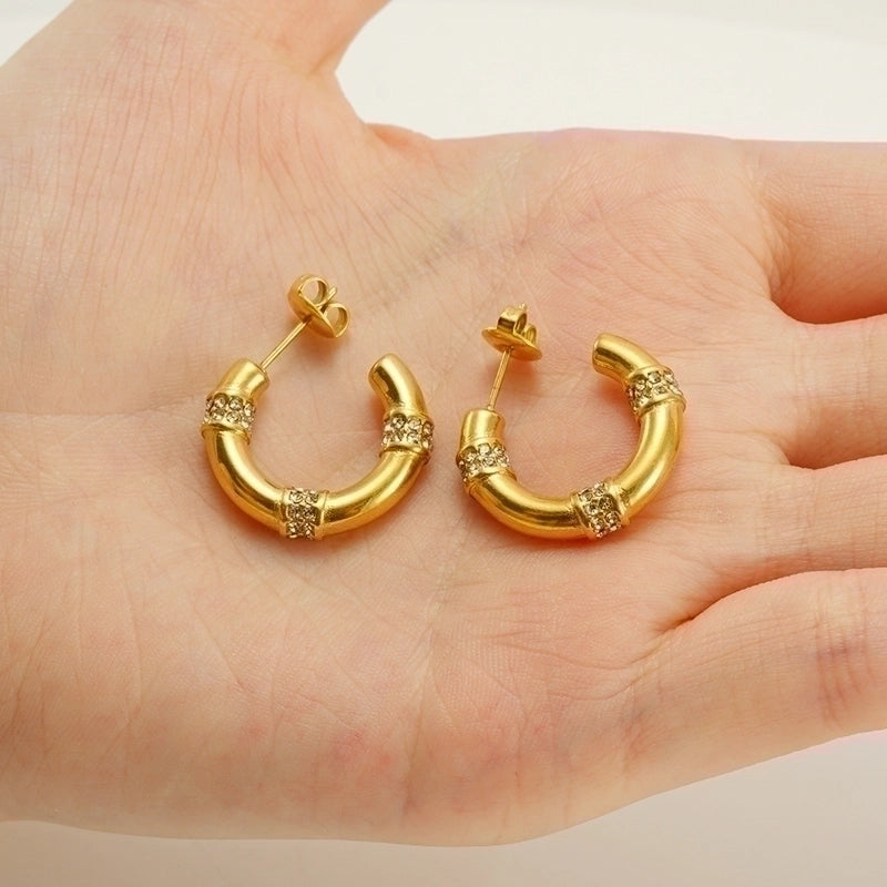 1 Pair Elegant Glam Shiny C Shape Plating Inlay Stainless Steel Pearl Zircon 18K Gold Plated Ear Studs