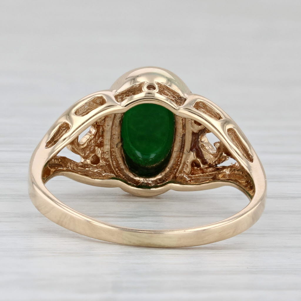 Green Jadeite Jade Oval Cabochon Solitaire Ring 14k Gold Size 6.5 Heart Accents