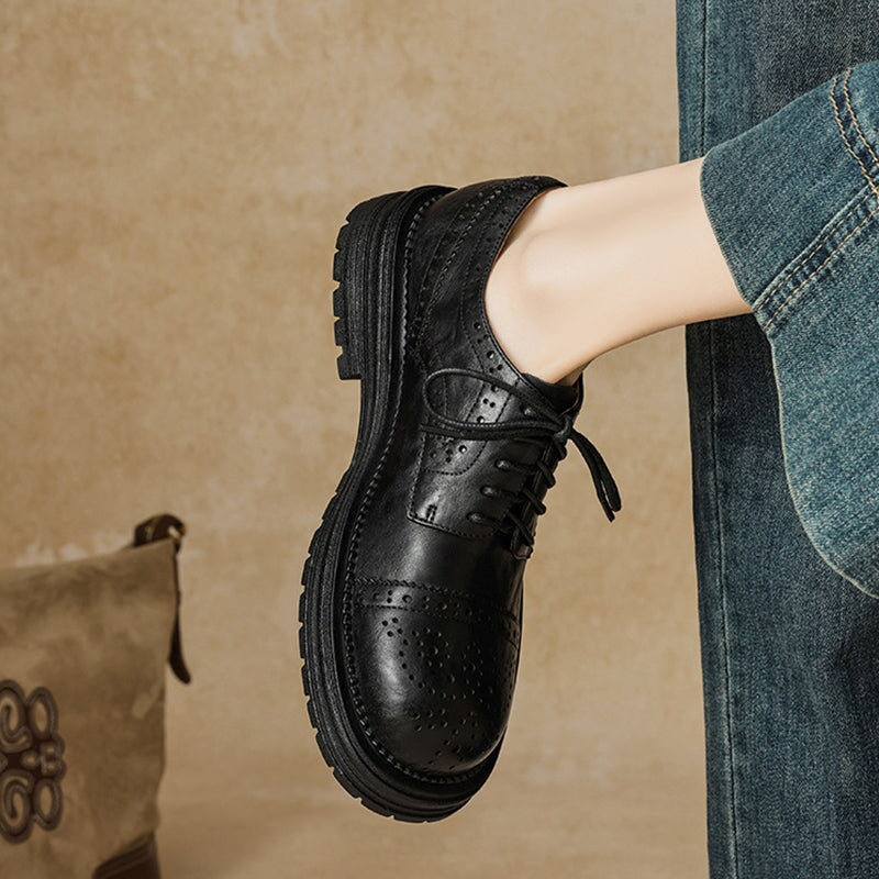 Vintage British Brogue Shoes - Round Toe Low-Heel Lace-Up Oxfords Black/Brown