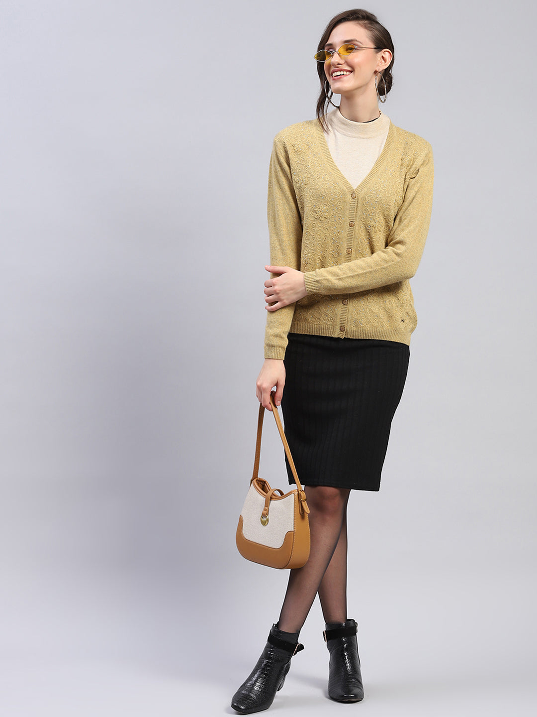 Women Mustard Self Design V Neck Full Sleeve Cardigan