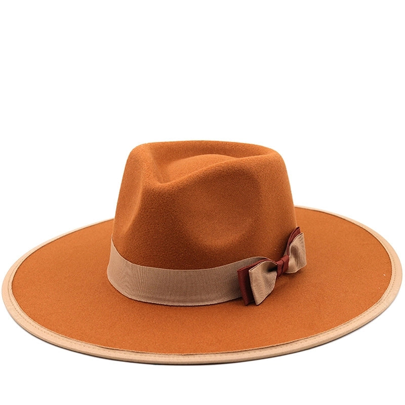 New Contrast Color Big Brim Cashmere Top Hat Feather Accessories Woolen Woolen Hat  Top Hat Autumn And Winter