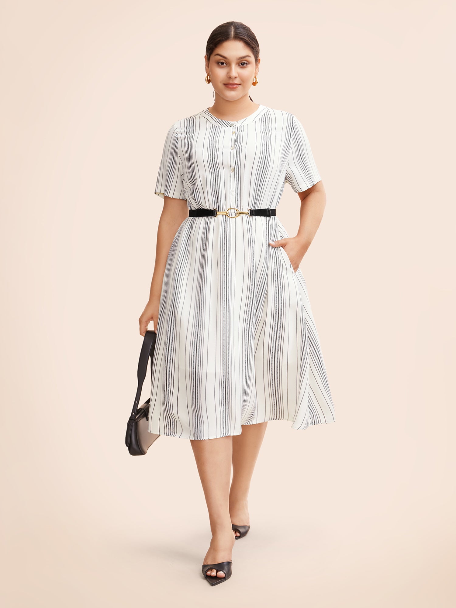 Round Neck Striped Button Up Midi Dress