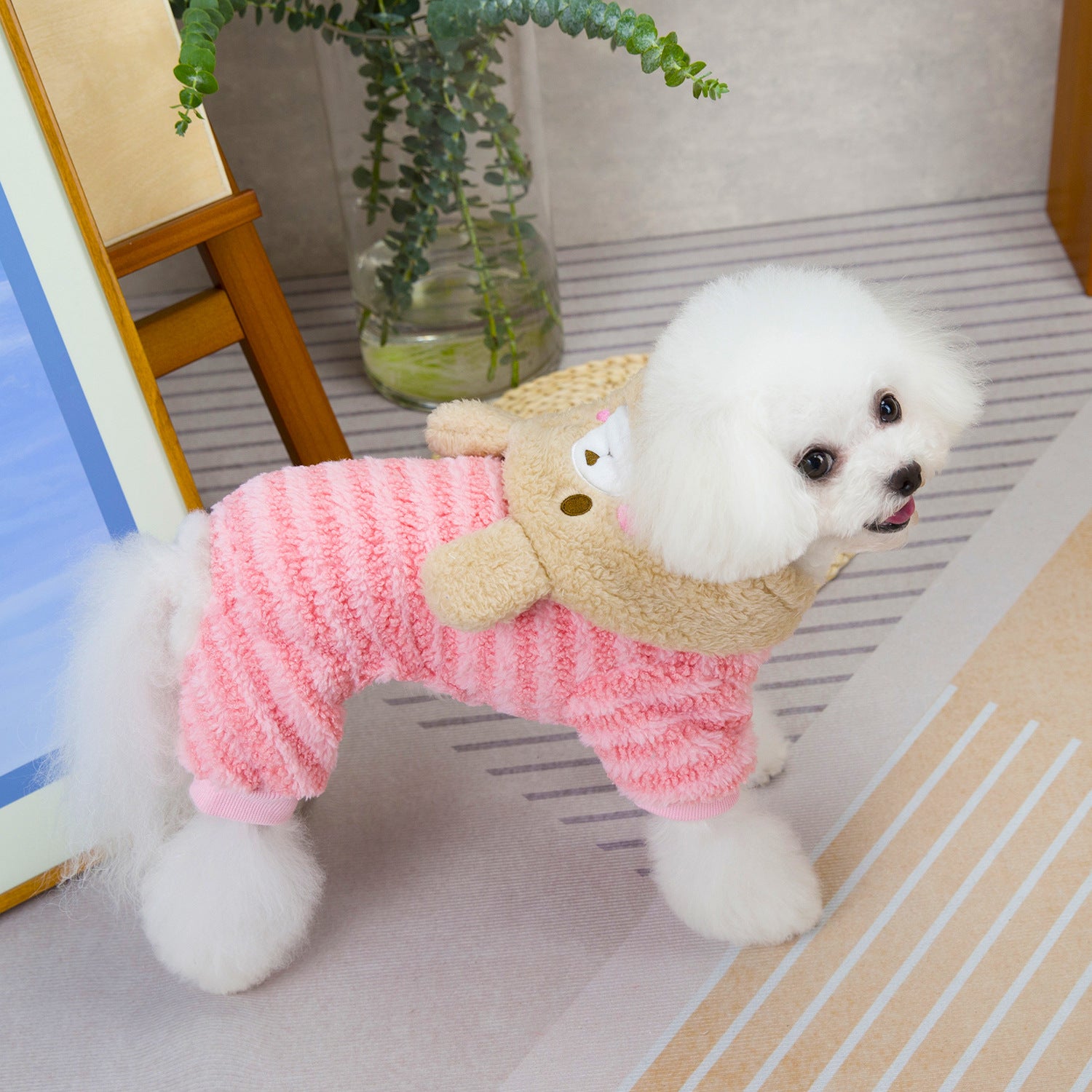 Fleece Striped Bear Head Hooded Dog Jumpsuits