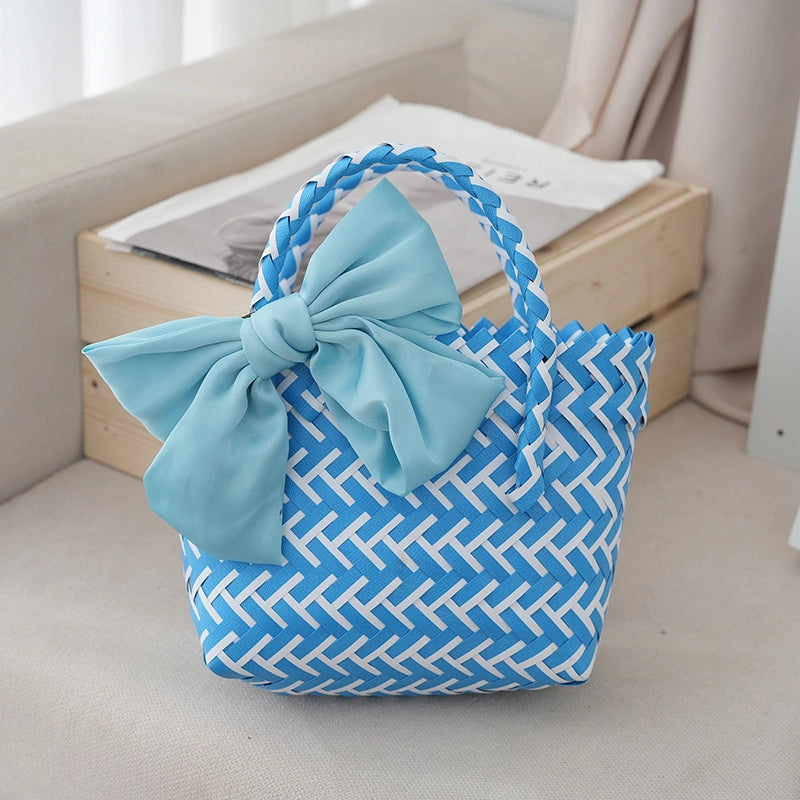 Women's Small PVC Stripe Bow Knot Cute Weave Square Open Handbag