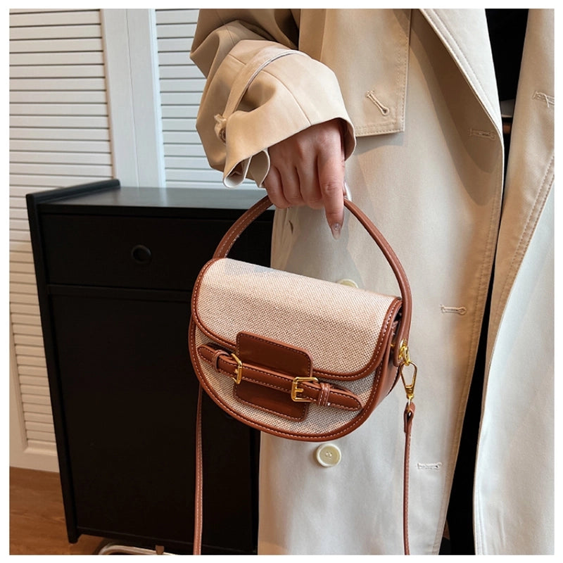 Women's Small Pu Leather Color Block Streetwear Square Magnetic Buckle Saddle Bag