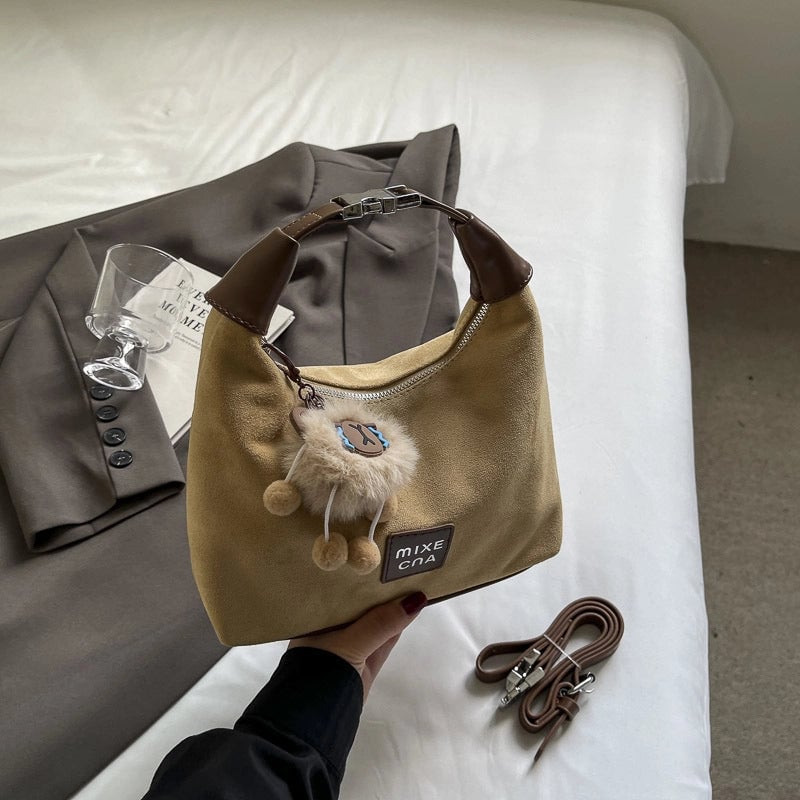 Women's Suede Solid Color Vintage Style Dumpling Shape Zipper Shoulder Bag Handbag Crossbody Bag
