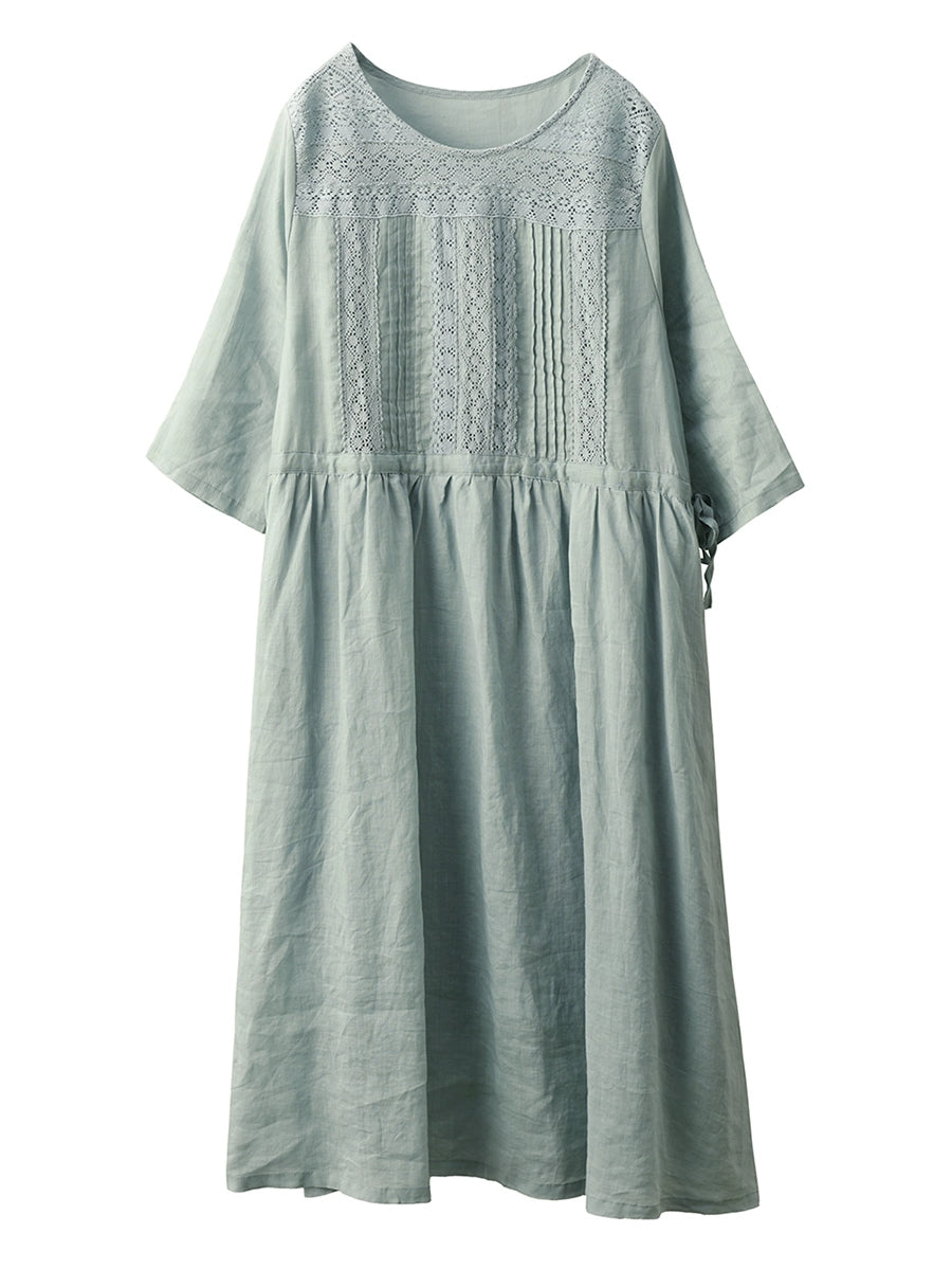 Women Summer Artsy Hook Flower Spliced V-Neck 100%Ramie Dress