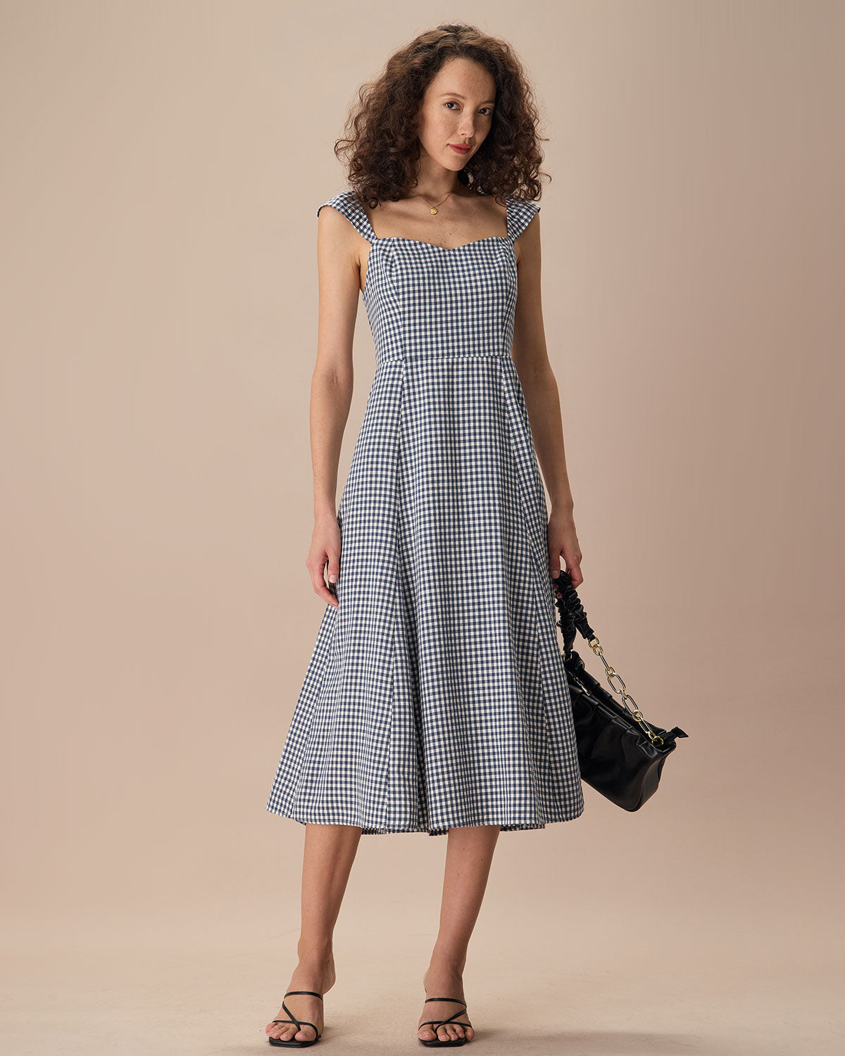 The Navy Plaid Shirred Back Midi Dress