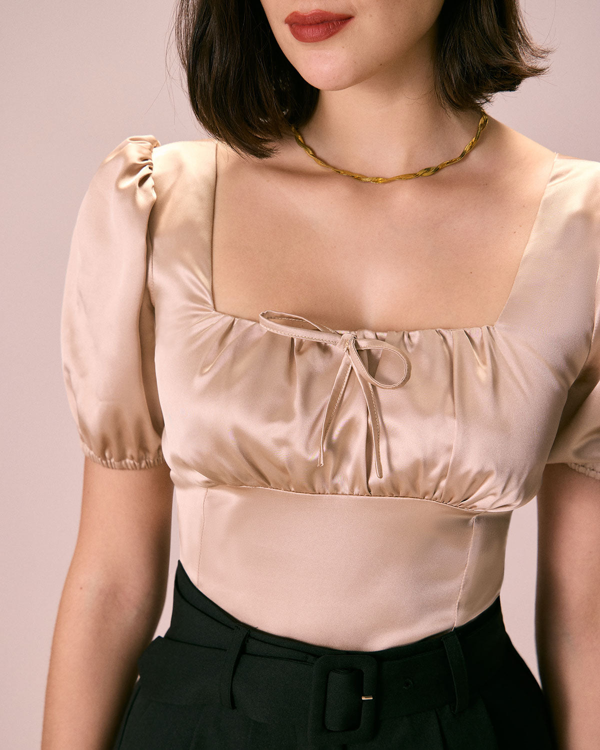 The Apricot Square Neck Ruched Puff Sleeve Satin Blouse