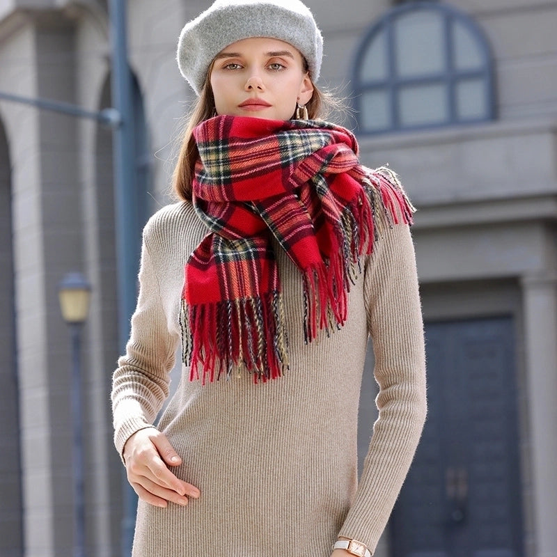 Korean Style Contrast Color Check Retro Artificial Cashmere Scarf Women's Winter Neck Warmer Warm All-matching Fashion Ins Factory