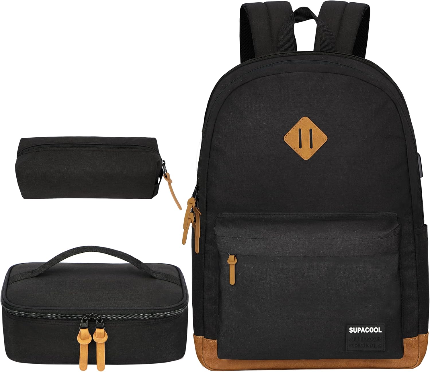 SUPACOOL Casual Laptop Backpack for Men and Women, School Backpack for Boys and Girls, College Bookbag, USB Charging Port, Lightweight Back Pack(Black)