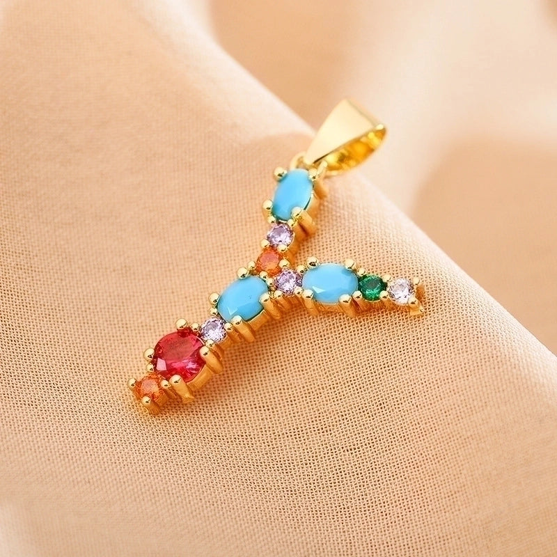 Copper Gold Plated Modern Style Shiny Inlay Letter Glass Stone Zircon Pendant Necklace