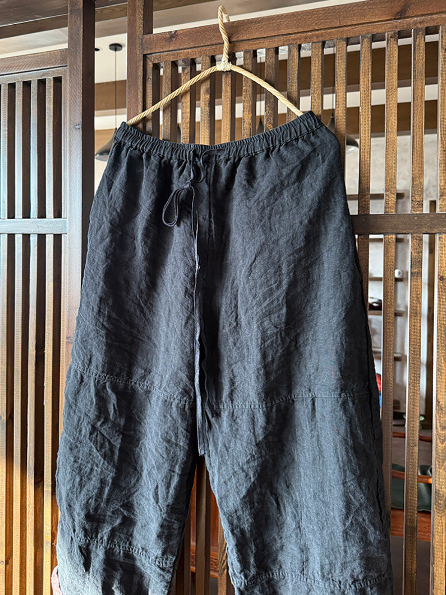 Women Vintage Spring Pure Color Wide-leg Linen Pants
