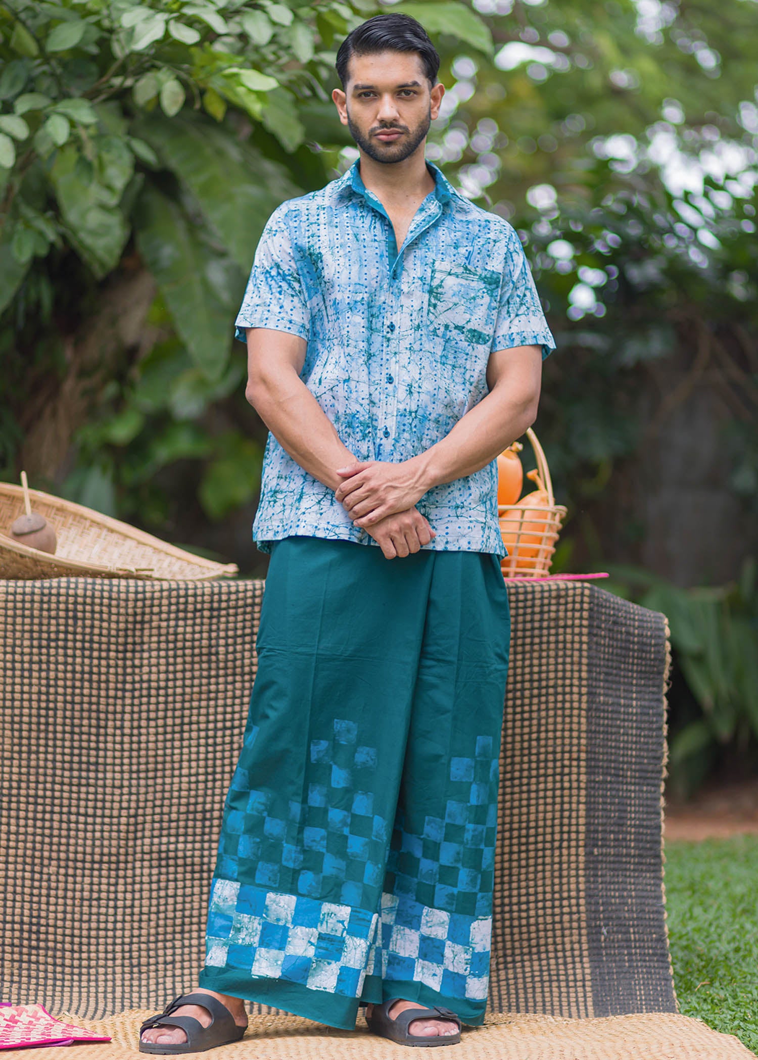 Batik White Shirt With Blue Dots and Patches