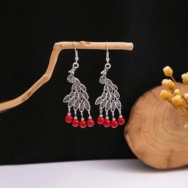 Bohemian Blue Turquoise National Style Earrings Imitation Miao Silver Metal Earrings Vintage Tassel Earrings