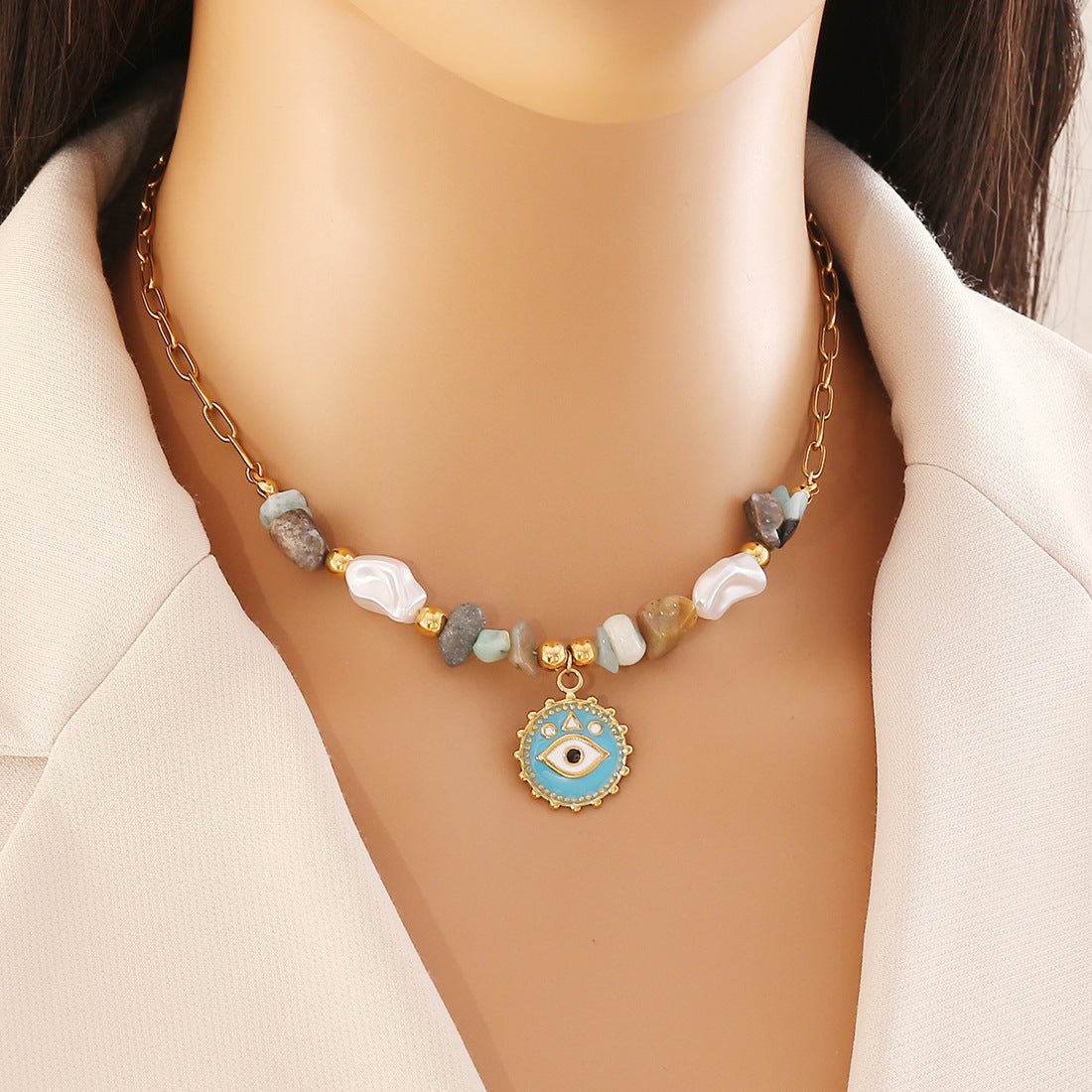 Natural Stone Beaded Necklace Set Eyes Heart Stainless Steel Pendant N1455