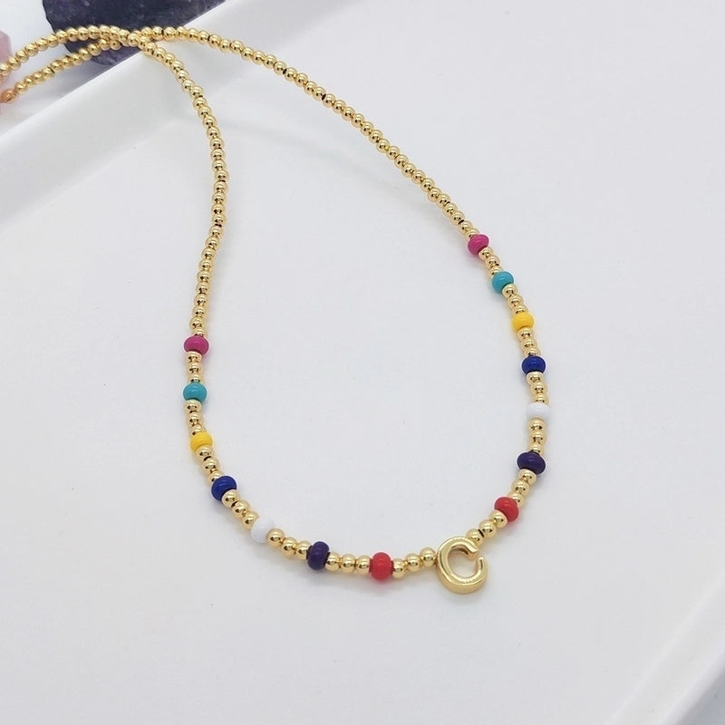 Ig Style Minimalist Letter Glass Copper Beaded Knitting Plating 18k Gold Plated Necklace