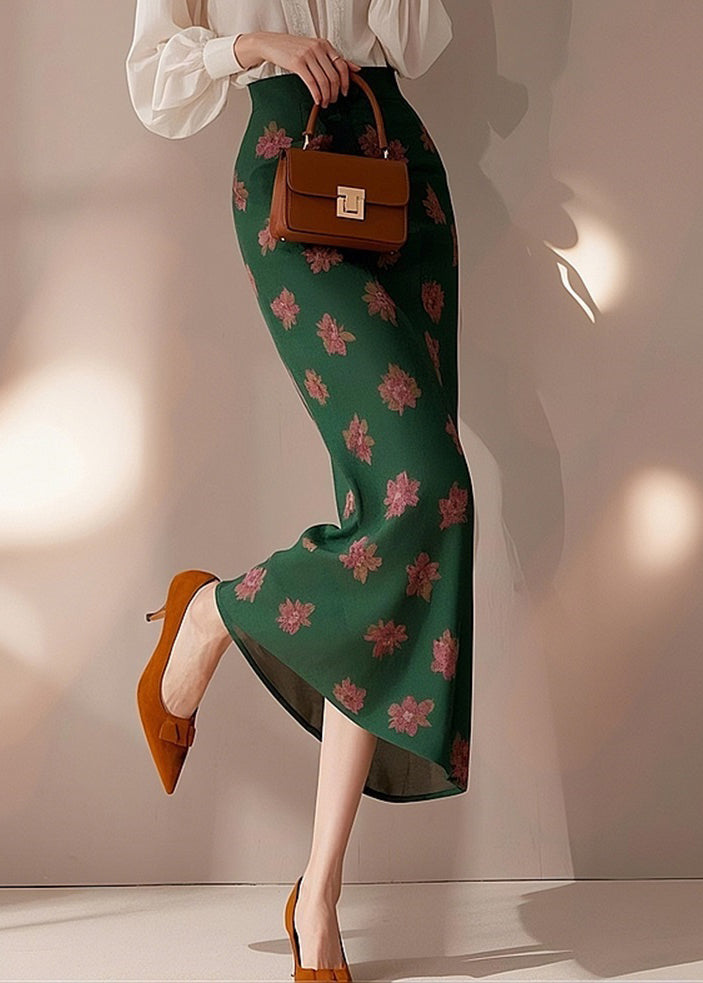 Art Green Print High Waist Cotton Skirt Spring