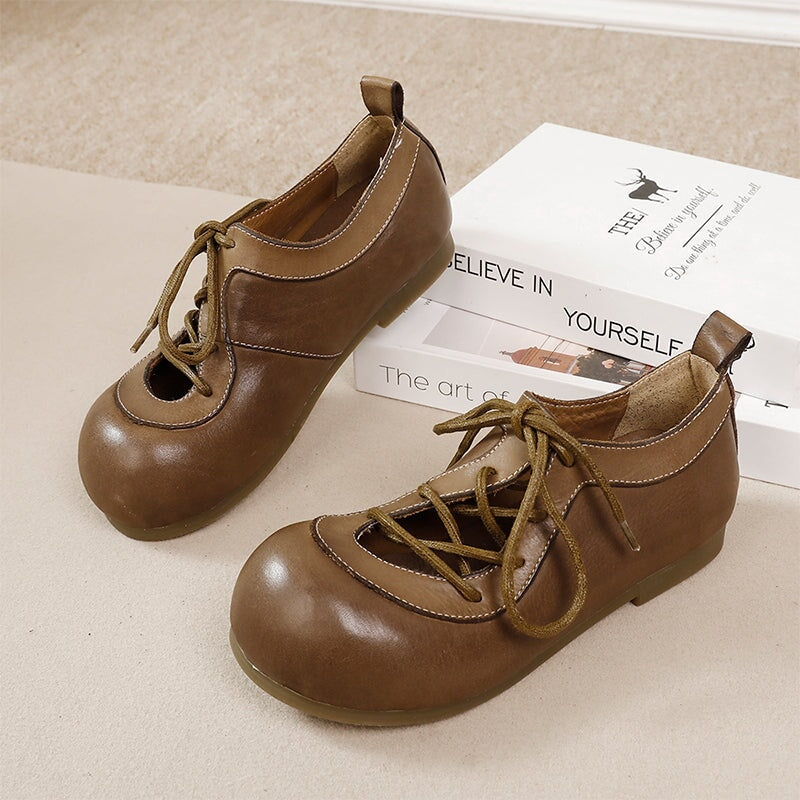 Vintage Big Toe Washed Cowhide Lace-Up Mary Jane Flats Shoes in Camel/Khaki