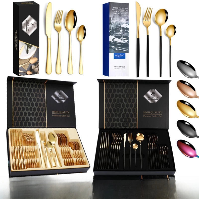 1010 Stainless Steel Tableware 24-piece Golden Steak Knife. Fork And Spoon Gift Box Western Tableware Suit