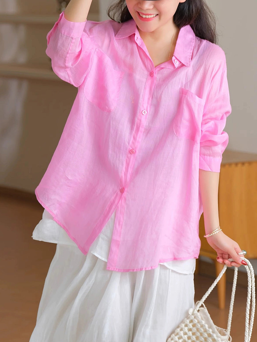Women Summer Casual Pure Color Turn-down Collar 100%Ramie Shirt