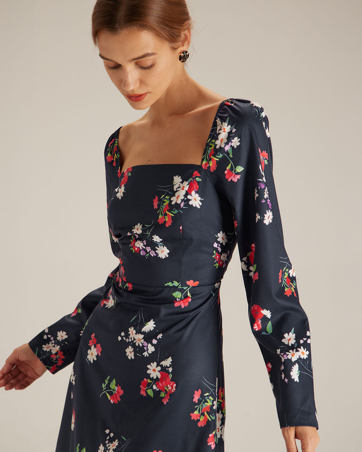 The Navy Square Neck Floral Shirred Midi Dress